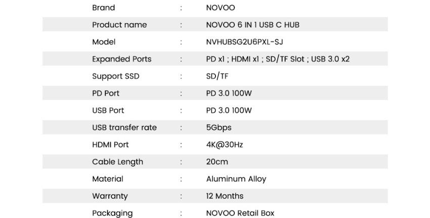Характеристики NOVOO 6 in 1 USB Hub