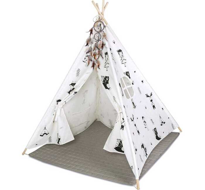 Палатка Hakuna Matte Вигвам Little Explorers с ковриком, белый/черный/серый фото